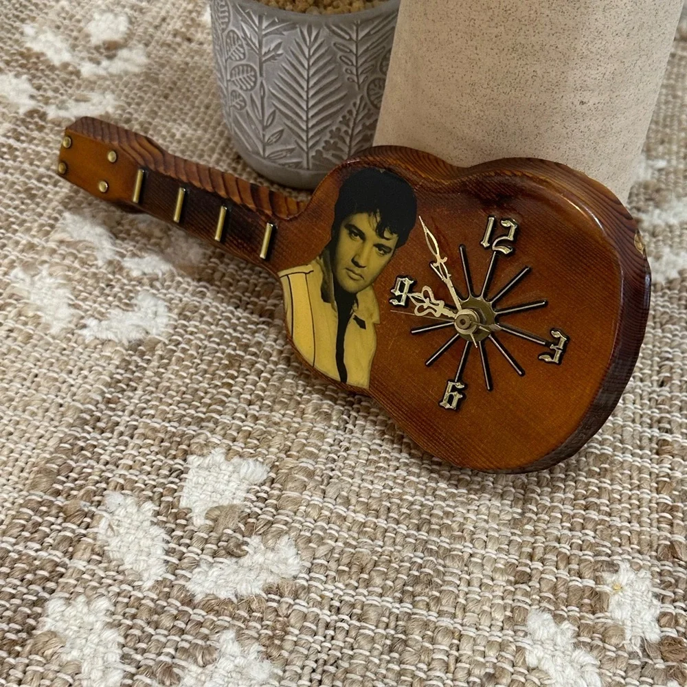 Vintage Elvis Presley Lacquered Wood Working Guitar Shaped Wall Clock